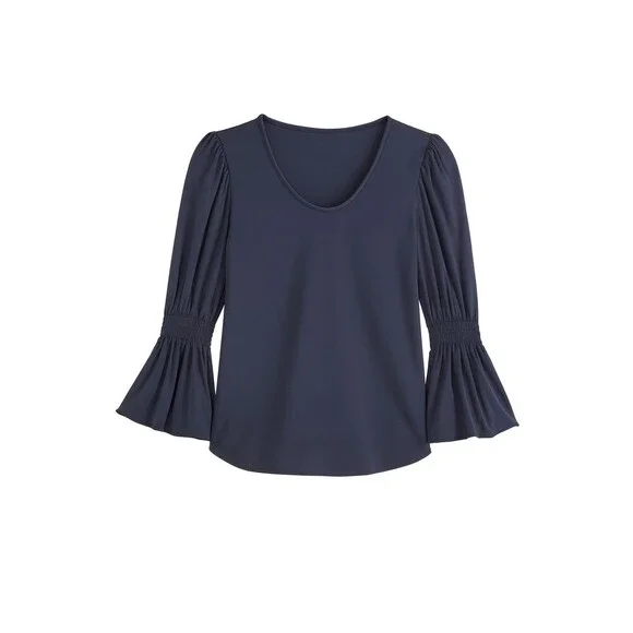 ⭐ Ann Taylor Women’s Navy Blouse Size XS Bell Sleeve Ruffle Scoop Neck - Picture 3 of 9